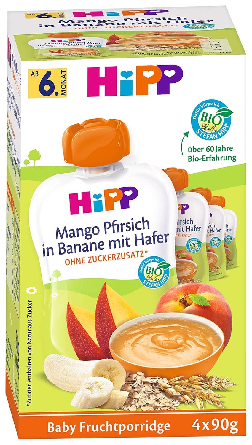 Sacs à presser Hipp pour bébés, bouillie de fruits, pêche mangue à la banane avec avoine, fruits 100% biologiques sans sucre ajouté, 4 x 4 sachets de 90 g Mère et Enfant Naty Shop 16 x 90 grammes Bouillie de fruits mangue pêche en purée de banane à l'avoine