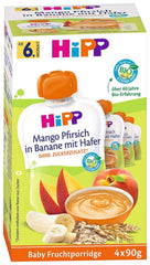 Sacs à presser Hipp pour bébés, bouillie de fruits, pêche mangue à la banane avec avoine, fruits 100% biologiques sans sucre ajouté, 4 x 4 sachets de 90 g Mère et Enfant Naty Shop 16 x 90 grammes Bouillie de fruits mangue pêche en purée de banane à l'avoine