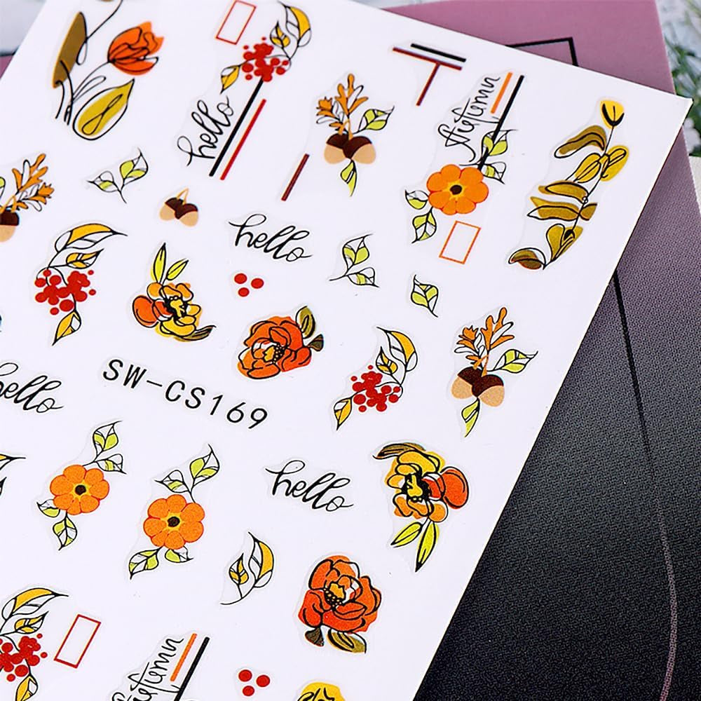 Autocollants pour ongles d'automne 3D, feuilles de citrouille, lignes géométriques, fleurs, autocollants pour ongles, Design du jour de Thanksgiving, autocollants pour ongles d'automne, accessoires pour ongles, Nail Art