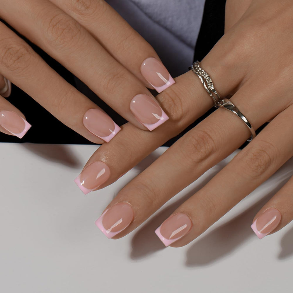 Faux ongles à pointe française courte – 30 pièces d'ongles noirs à coller sur des ongles carrés courts, faux ongles à pointe française avec colle, ensemble d'ongles artificiels carrés pour femme