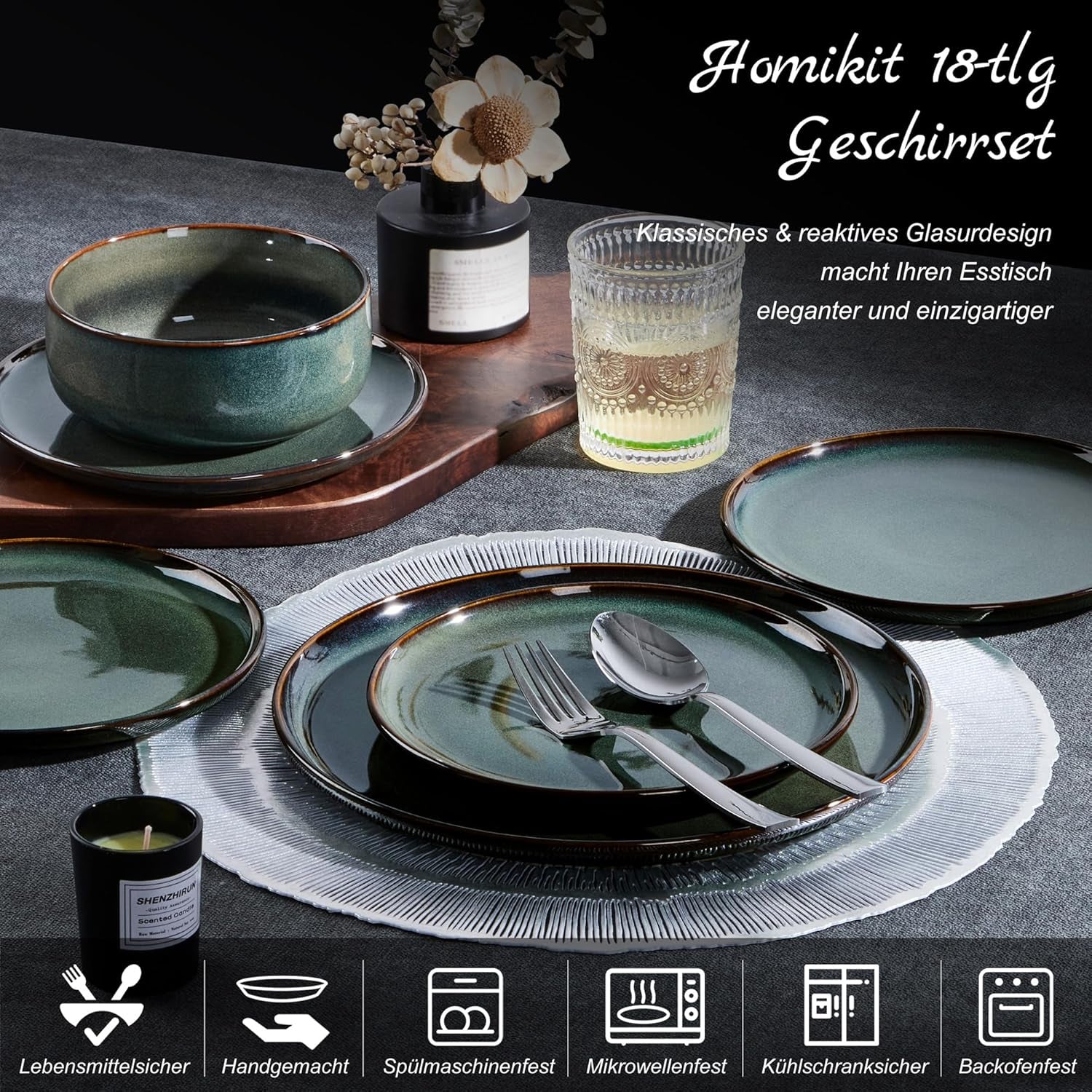 Homikit Geschirrset 6 Personen, 18-tlg Steinzeug Geschirr Set, Reaktive Glasur Tafelservice mit Speiseteller Dessertteller Müslischüsseln, Mikrowellen- und Spülmaschinenfest, Kieferrauchgrün