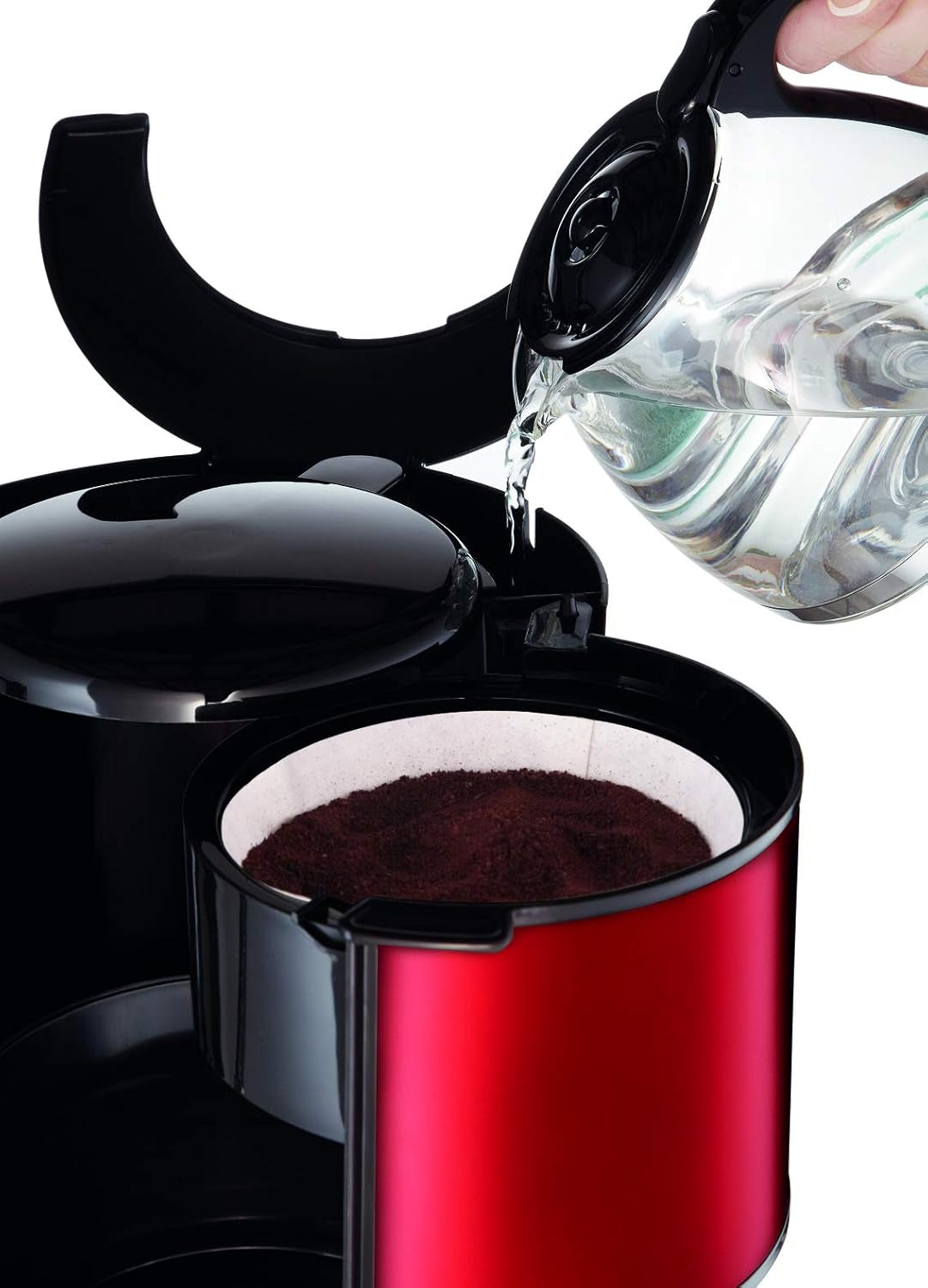 Machine à expresso Subito avec filtre, carafe en verre, 10-15 tasses, capacité 1,25 L, arrêt automatique, filtre amovible, indicateur de niveau d'eau, acier inoxydable, rouge/noir, FG360D