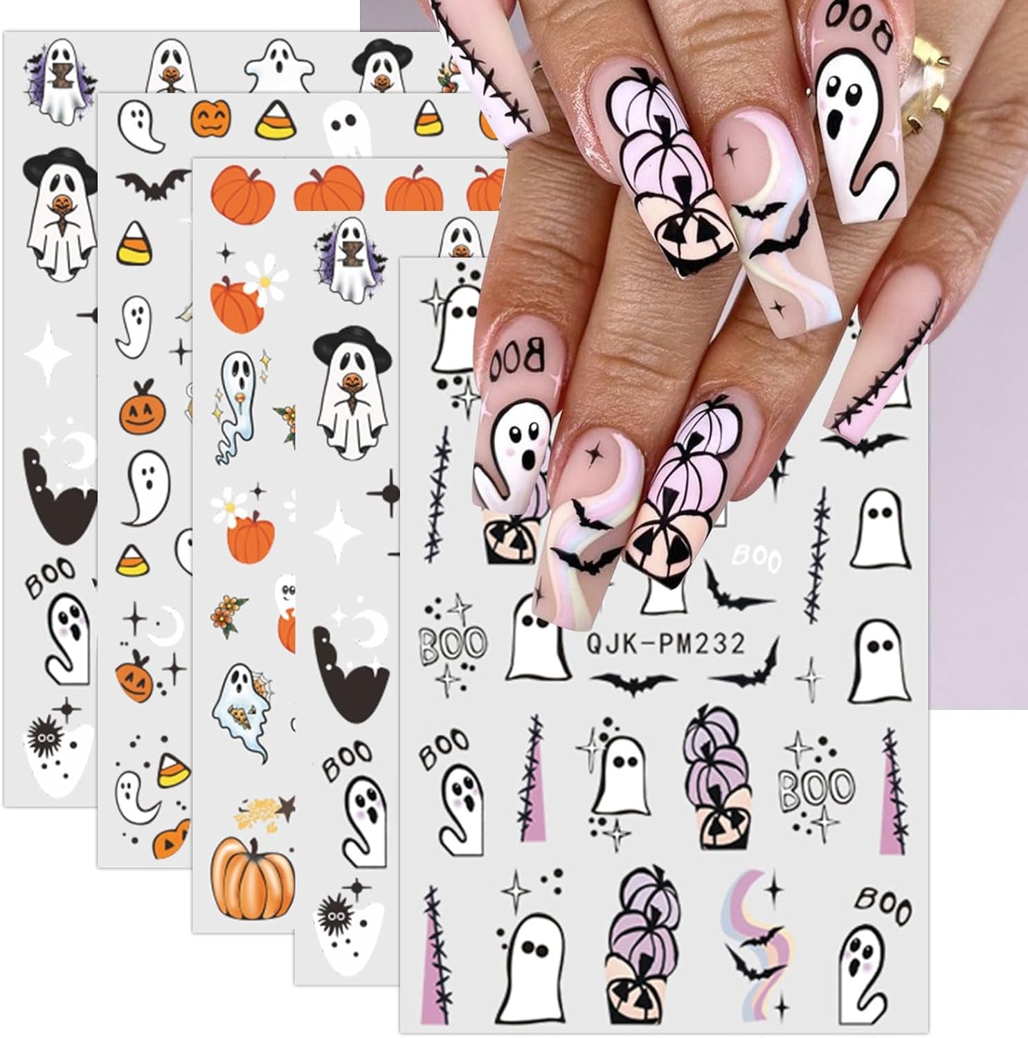 JMEOWIO Nagelsticker Halloween 9 Blatt Nail Art Sticker Selbstklebend Nagelaufkleber Süßes Gespenst Kürbis Dekoration Nageldesign Zubehör