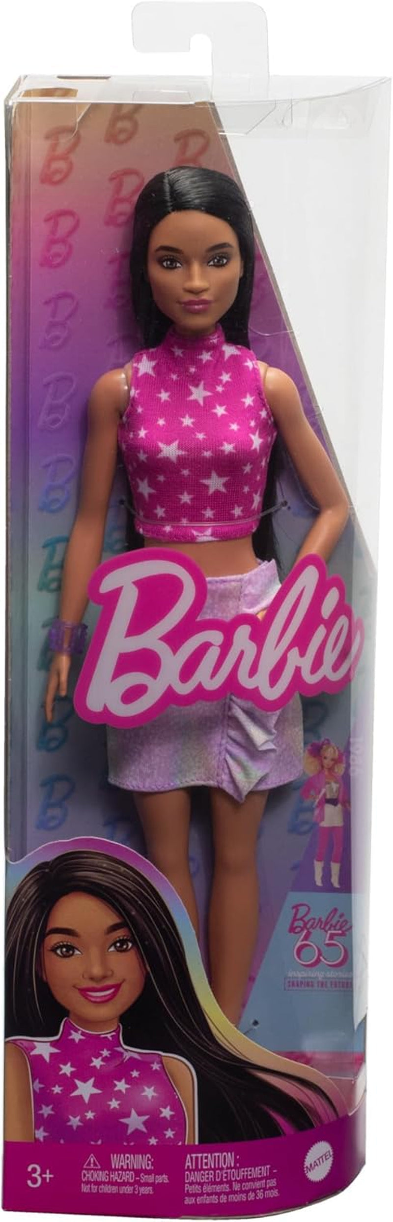 Poupée Barbie Fashionistas no. 215 avec haut à motif étoile rose cheveux noirs raides et jupe irisée poupée de mode à collectionner 65e anniversaire HRH13 Naty Shop Dolls