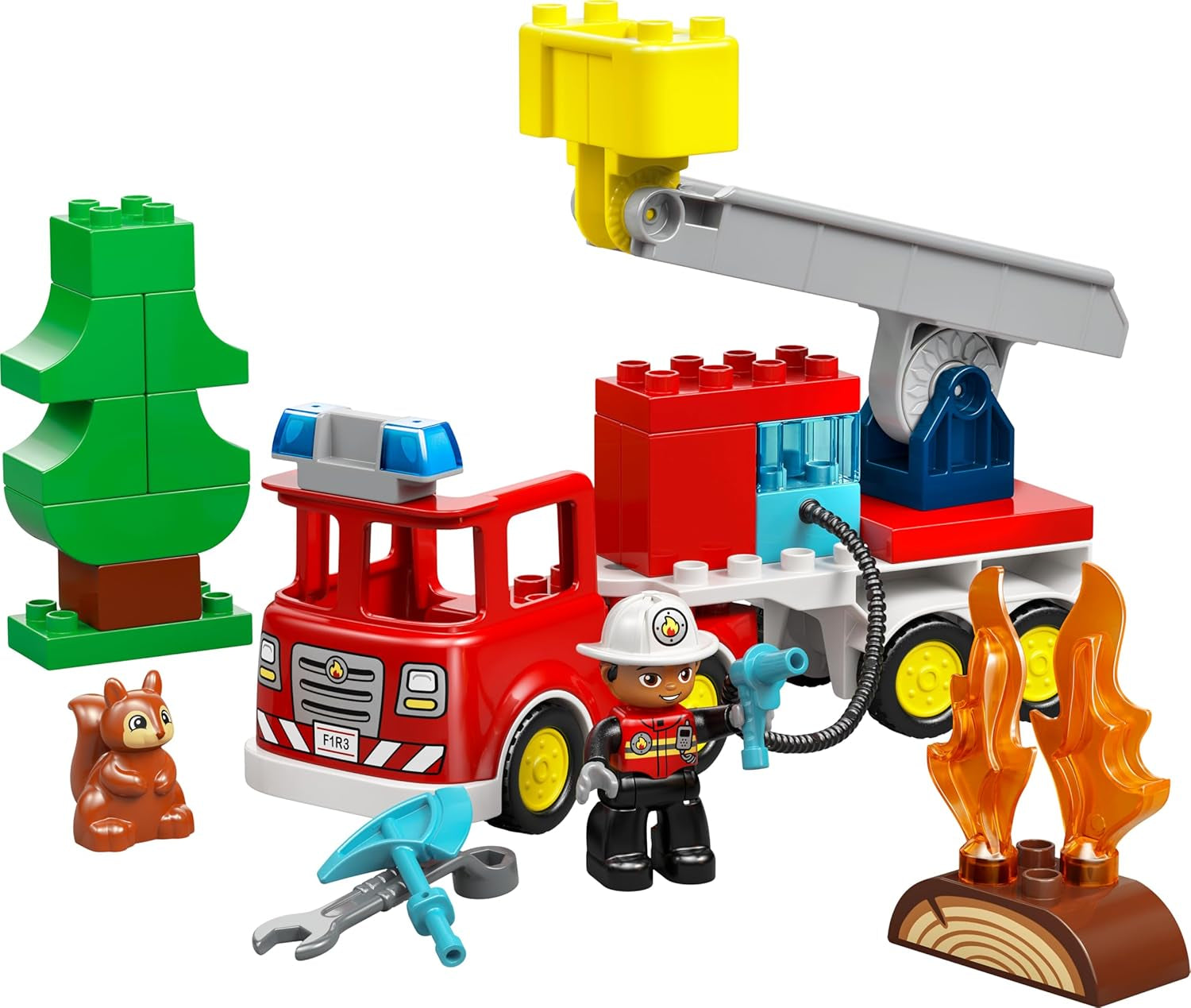 LEGO DUPLO Town Löschauto mit Schlauch und Feuerwehrmann- Lernspielzeug für Motorik - Rotes Feuerwehrauto mit Leiter, Figur und Eichhörnchen - Geschenk für Jungen und Mädchen ab 2 Jahren - 10473