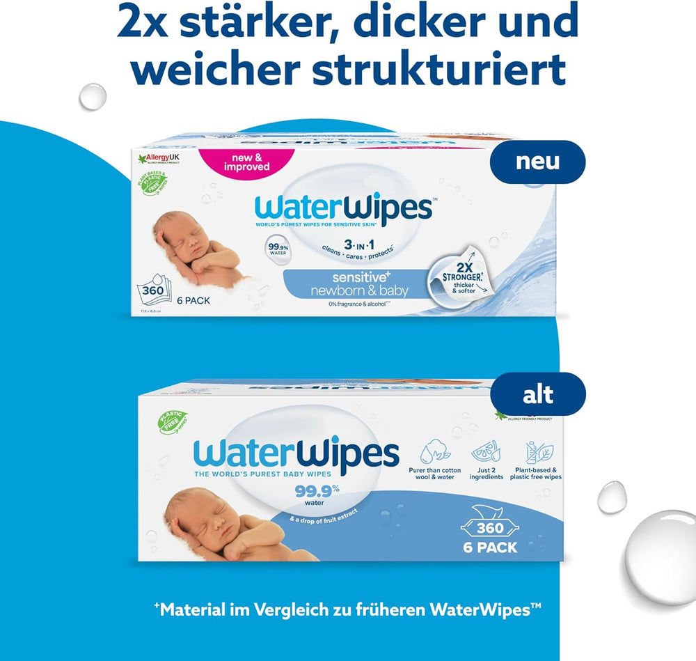 WaterWipes Sensitive+ Lingettes humides pour nouveau-nés et bébés, 360 pièces (paquet de 6), nettoyage 3 en 1, entretien, protection, 99,9 % d'eau, sans parfum