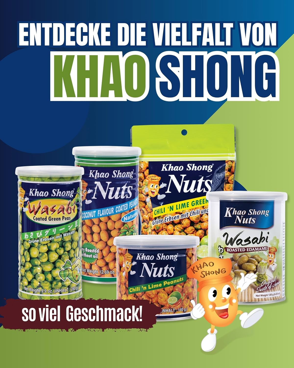 Khao Shong Pois verts frits au wasabi, pois croustillants dans une pâte épicée, une alternative faible en gras aux noix, moyennement épicé, 1 boîte de 140 g | 140 g (1 paquet)