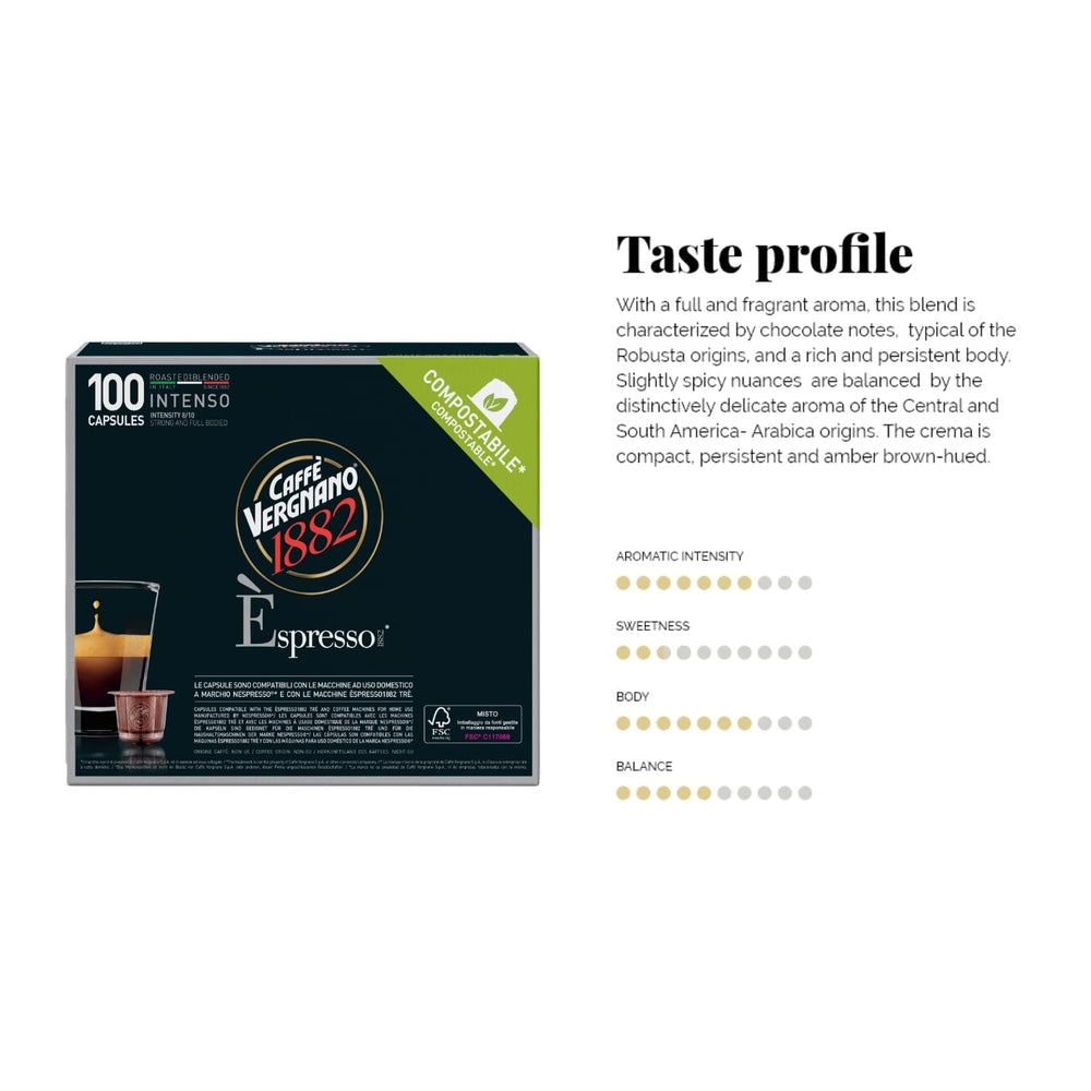 Caffè Vergnano 1882 - Èspresso Kompostierbare Kaffeekapseln , Kompatible Mit Nespresso, Intenso (Intensiv) - Packung Enthält 100 Kapseln