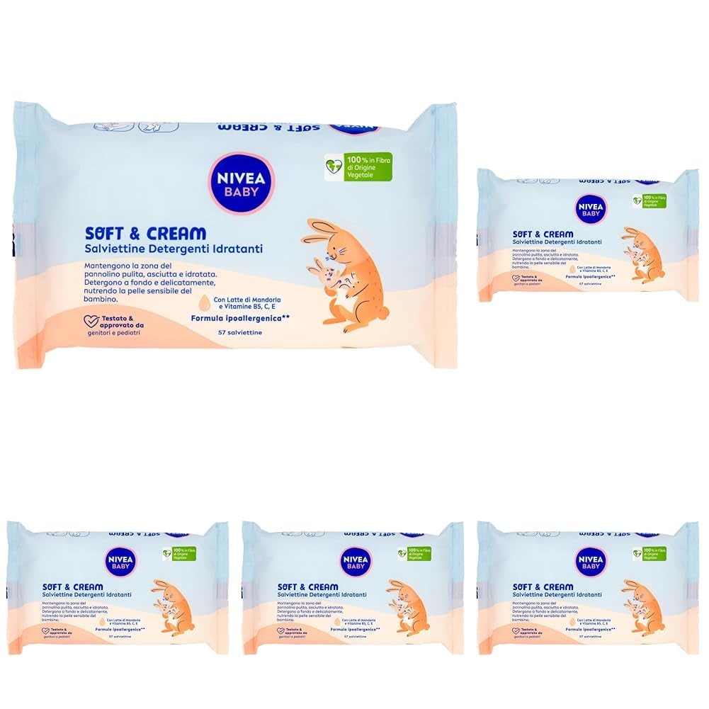 NIVEA Baby Lingettes Nettoyantes Hydratantes Douces & Crème, 57 pièces, pour une peau propre, sèche et hydratée, lingettes bébé au lait d'amande et vitamines B5, C et E