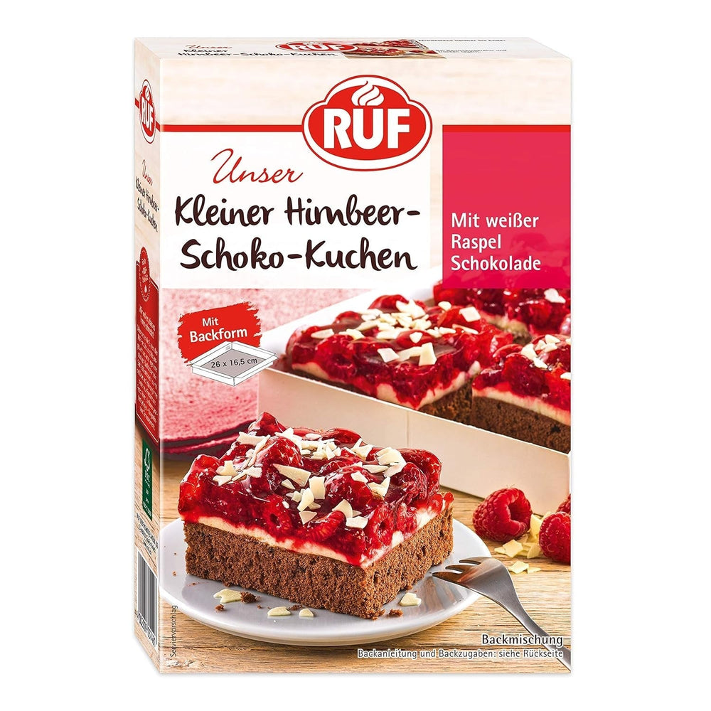 RUF Kleiner Himbeer-Schokokuchen, Mini-Kuchen Mit Feiner Puddingcreme, Himbeeren Und Weißen Schokoraspeln, Inkl. Backform, 1X252G Mélange pour la pâtisserie et la cuisson Naty Shop 252 G (1Er Pack) Himbeere