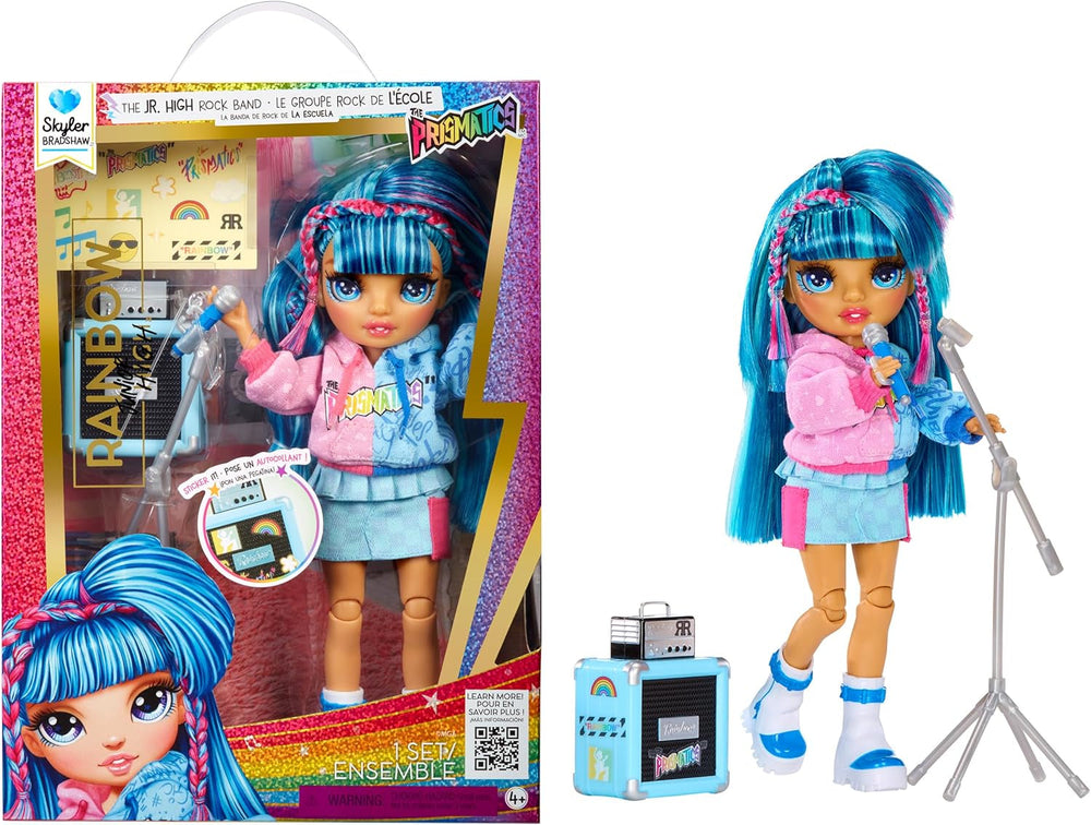 Rainbow High Junior High Rock Band - Bella, Pink - 23 cm Modepuppe mit Bassgitarre, Individuell mit Aufklebern Gestaltbar, Beweglich, Süßes Spielzeug für Kinder ab 4 Jahren