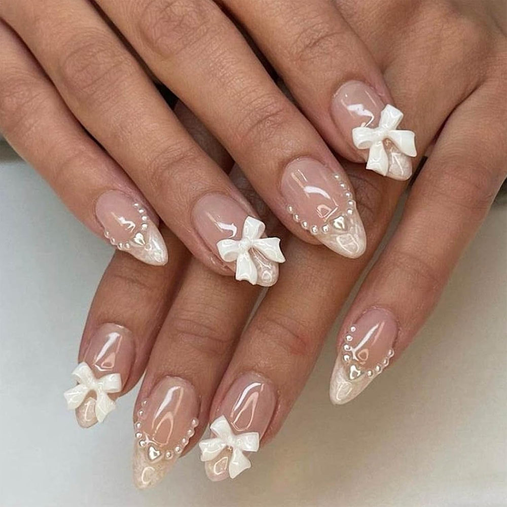 Faux ongles français à pression en amande blanche, 24 pièces, avec nœuds, perles, colle sur faux ongles, paillettes