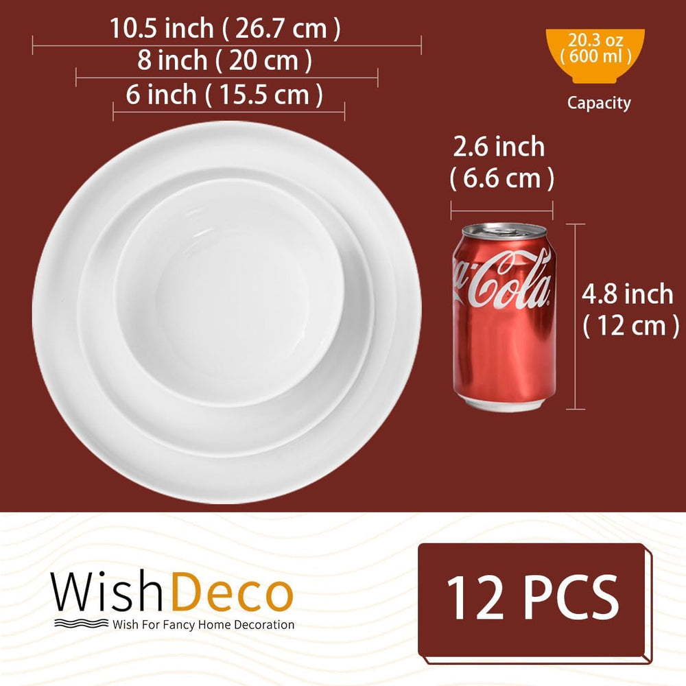 Service de table 12 pièces, service de table en porcelaine pour 4 personnes, service de table blanc avec assiettes, assiettes à dessert et bols à céréales