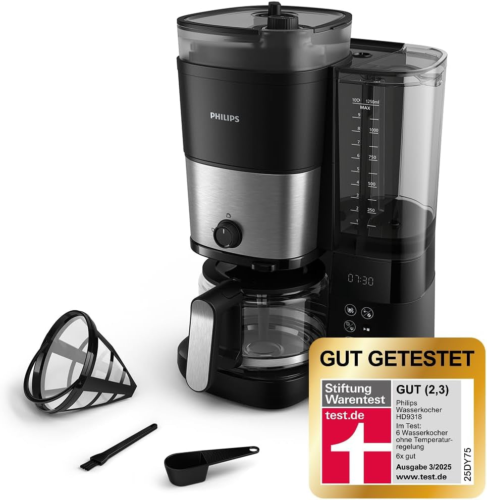 Philips Machine à expresso avec filtre – Capacité de 1,25 litre, jusqu'à 15 tasses, faire bouillir et infuser, noir/argent (HD5416/60)