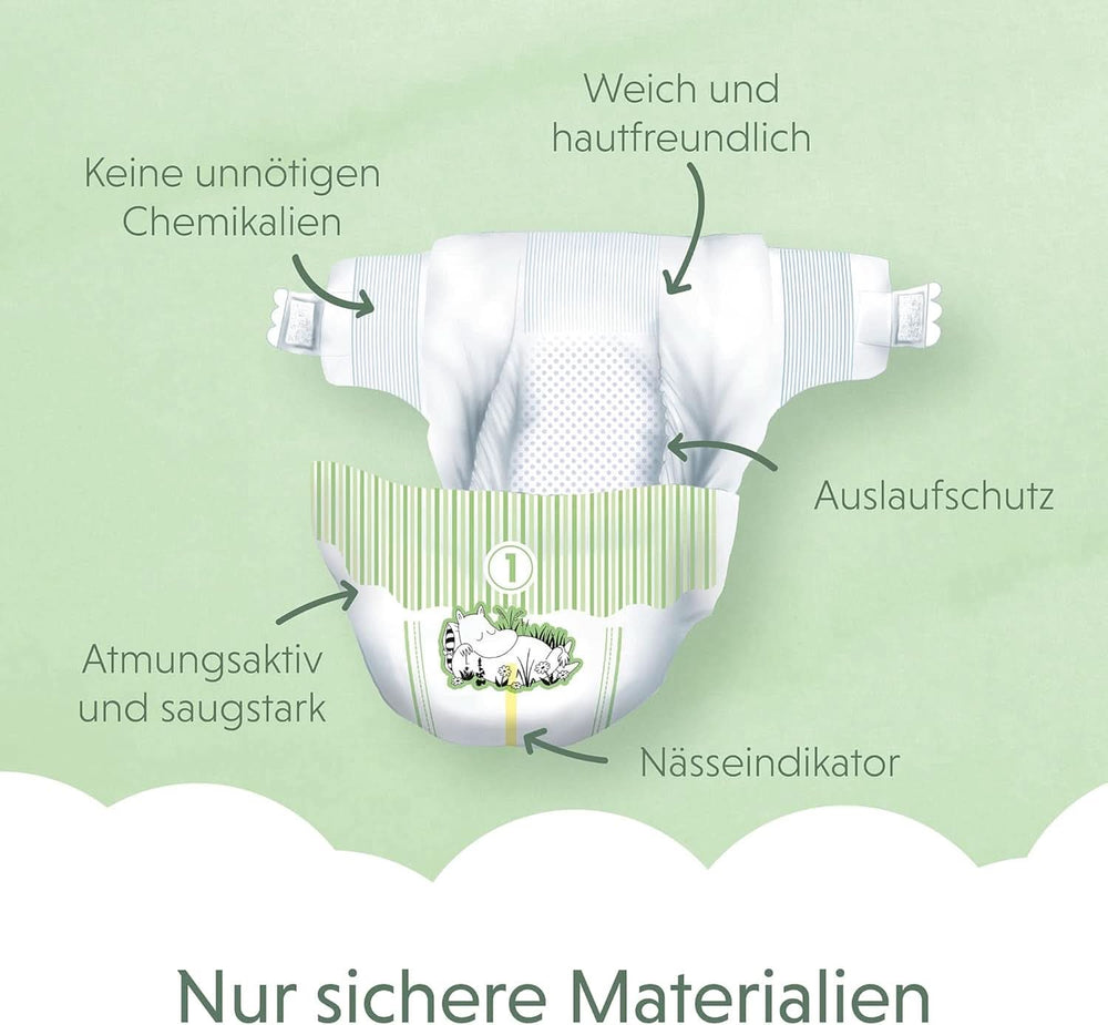 Muumi Baby Newborn Eco Nappies mărimea 1, 2-5 kg, 25 bucăți, scutece premium moi cu indicator de umezeală Mama si Copilul Naty Shop