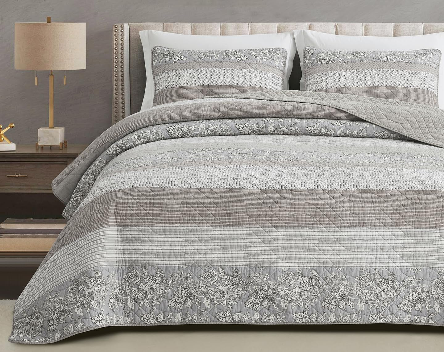 Chezmoi Collection Addy Patchwork Quilt Set Prélavage Coton Léger Réversible Toutes Saisons Surdimensionné 3 Pièces Marine Blanc Gris Taupe Plaid Quilts & Quilts Naty Shop Hibiscus Patchwork Stripes Taupe Twin