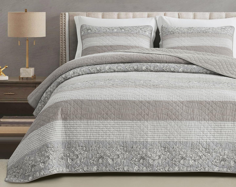 Chezmoi Collection Addy Patchwork Quilt Set Prélavage Coton Léger Réversible Toutes Saisons Surdimensionné 3 Pièces Marine Blanc Gris Taupe Plaid Quilts & Quilts Naty Shop Hibiscus Patchwork Stripes Taupe Twin