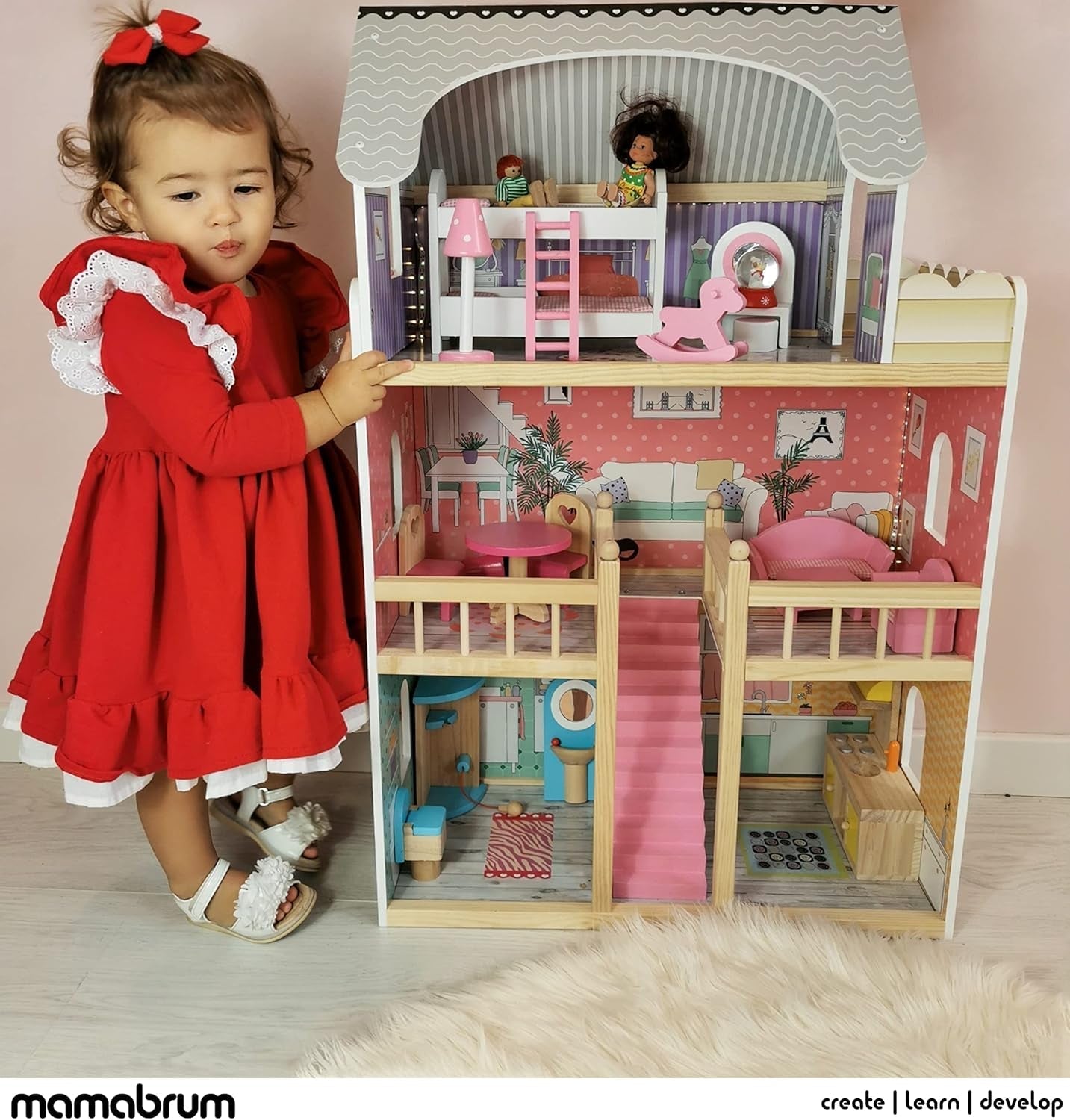 A405 Maison de poupée éclairée par LED - 3 étages et ensemble de meubles - Maison de jeu en bois comprenant des accessoires : cuisine, salle de bain, chambre à coucher - Cadeau pour les filles de 3 ans et plus Maisons de poupées Naty Shop