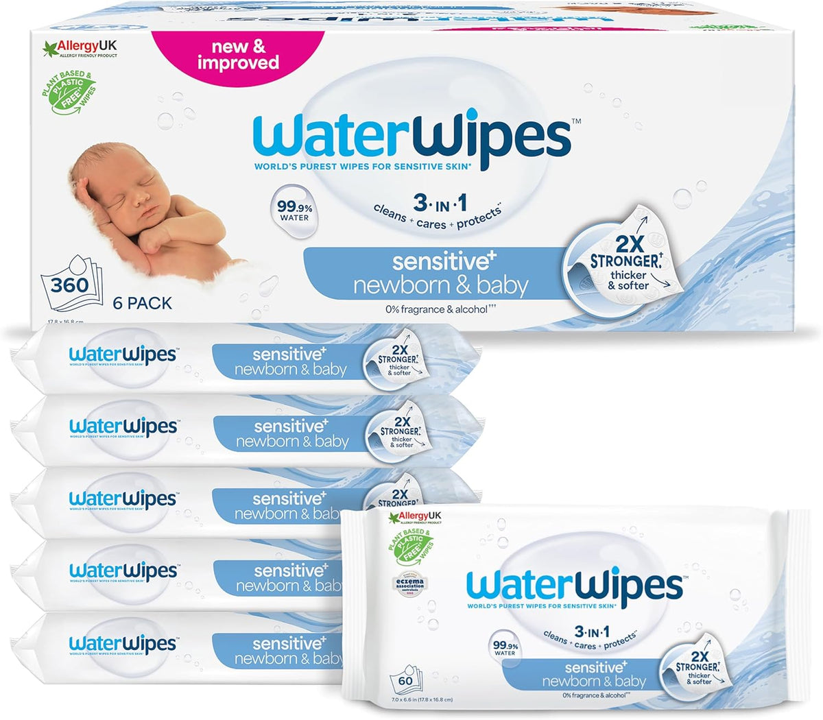 WaterWipes Sensitive+ Lingettes humides pour nouveau-nés et bébés, 360 pièces (paquet de 6), nettoyage 3 en 1, entretien, protection, 99,9 % d'eau, sans parfum