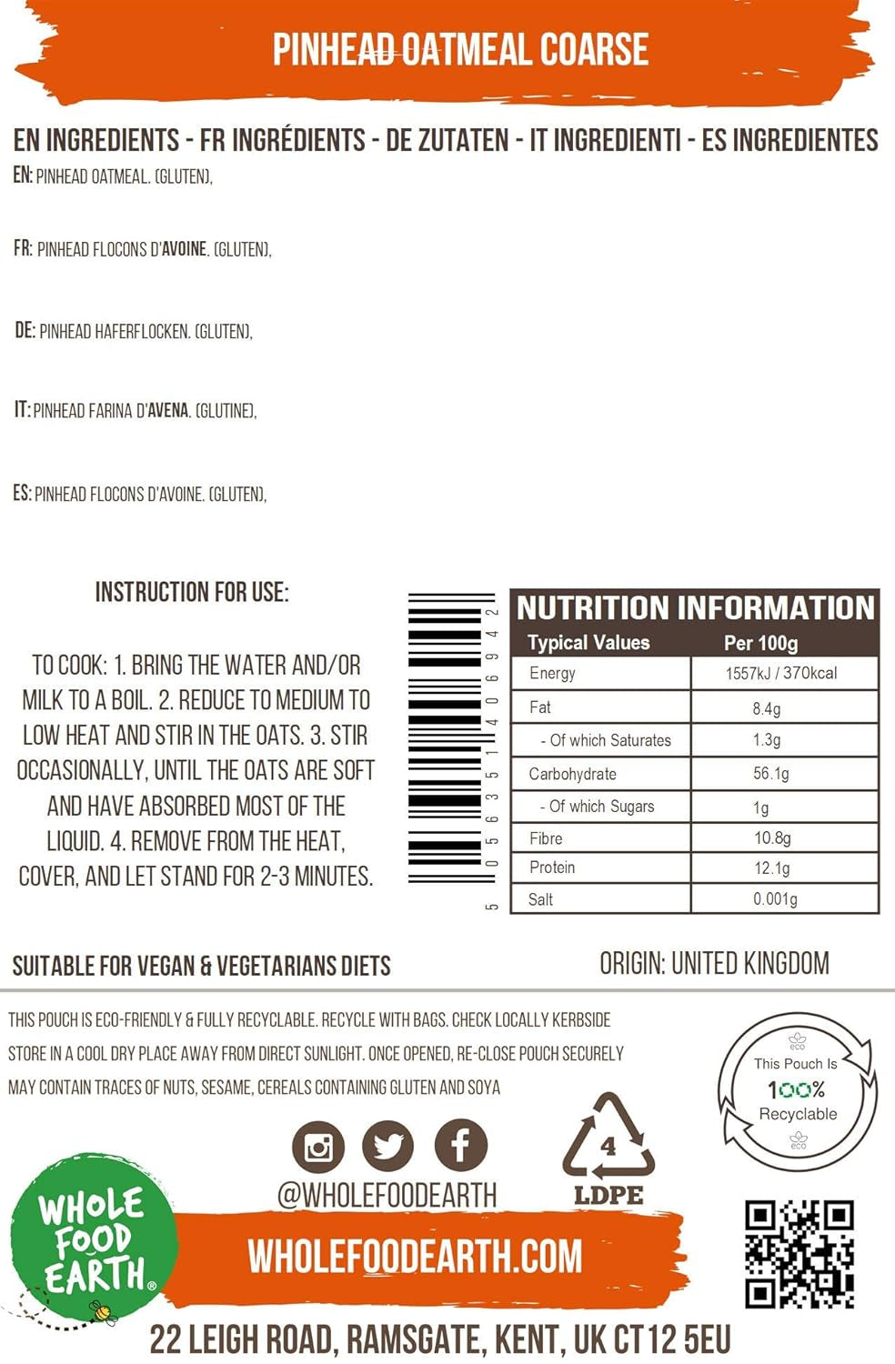 Wholefood Earth Pinhead Gruau grossier stabilisé 3 kg | Sans OGM | Riche en fibres