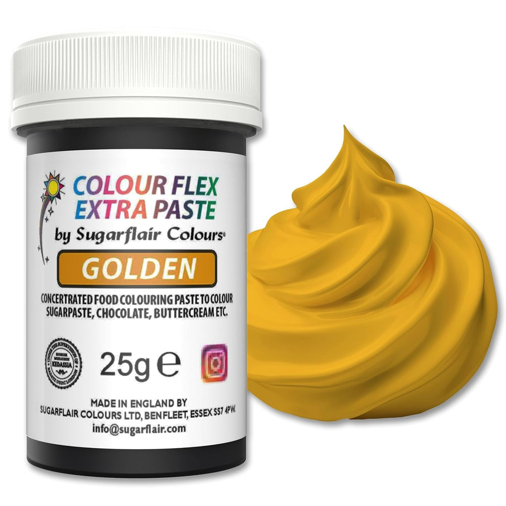 Pâte colorante alimentaire Sugarflair Colourflex Extra Paste Golden - Colorant alimentaire comestible pour crème au beurre, chocolat, pâte à sucre, glaçage, fondant, mélanges à gâteaux, pâte et plus - 25g