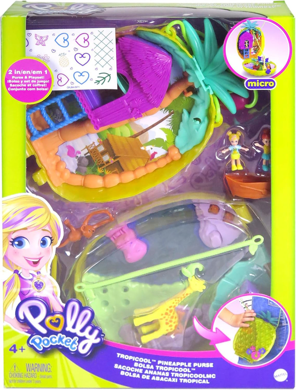 Polly Pocket GKJ64 - Boîte de poche portable en forme d'ananas avec 8 fonctionnalités amusantes, des poupées Polly et Purple, 2 accessoires et une feuille d'autocollants ; jouet pour enfants à partir de 4 ans Papusi Naty Shop