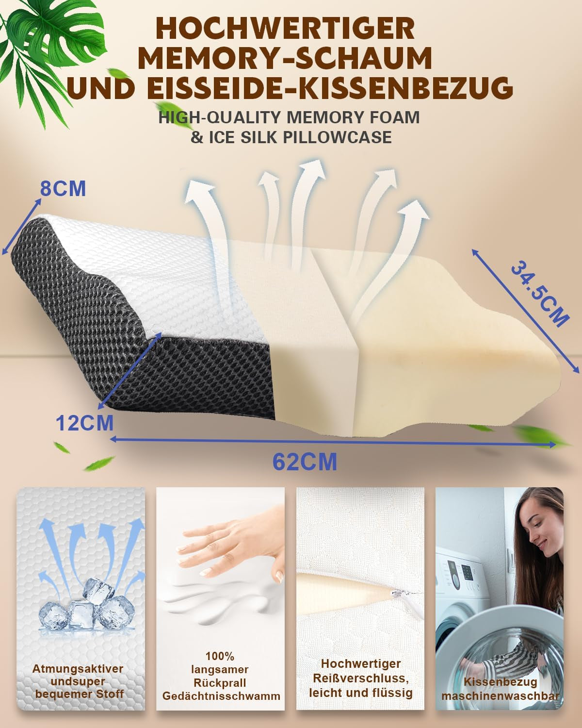 Oreiller orthopédique ergonomique pour douleurs cervicales, oreiller en mousse à mémoire de forme abdominale, oreiller anti-ronflement pour hommes et femmes (62 x 34,5 x 12/8 cm) Oreillers orthopédiques cervicaux Naty Shop