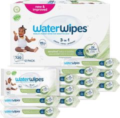 WaterWipes Sensitive+ Lingettes humides pour bébés et tout-petits, 720 unités (paquet de 12), nettoyage 3 en 1, entretien, protection, 99,9 % d'eau, nettoyage texturé, sans parfum
