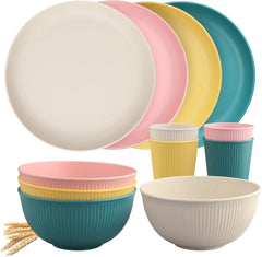 Tanice Service de table en plastique 12 pièces, assiettes et bols, service de table pour 4 personnes, service de table en plastique avec assiettes, bols et tasses pour cuisine, camping en plein air