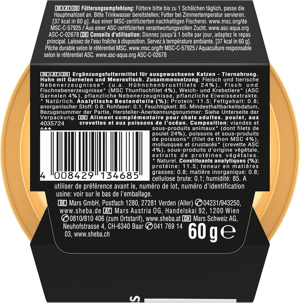SHEBA Filets Adult Katzenfutter en Sauce au Poulet, Hochseefisch et Garnelen 16 x 60g Coquille