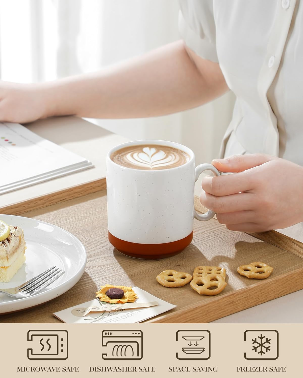 Ensemble de tasses à café MALACASA, ensemble de tasses en grès de 350 ml pour 4 personnes, tasses à café modernes pour thé, jus, latte, cappuccino, chocolat chaud. Va au lave-vaisselle et au micro-ondes, série TARA, blanc kaki