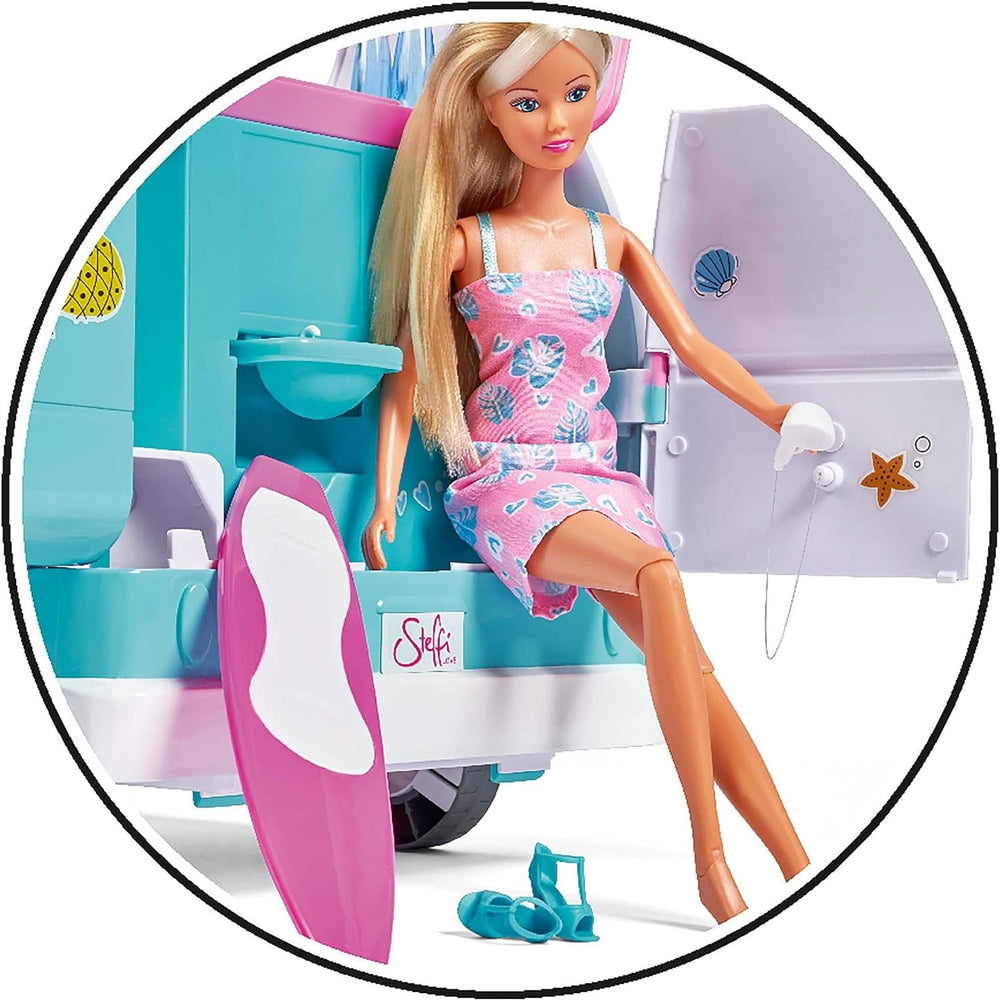 Simba Steffi Love Hawaii Camper / Puppe mit aufklappbarem Camper / inkl. Küche / Sitzecke / Bett / Tisch und viel Zubehör / L:51cm / 29cm / Für Kinder ab 3 Jahren geeignet, 105733523