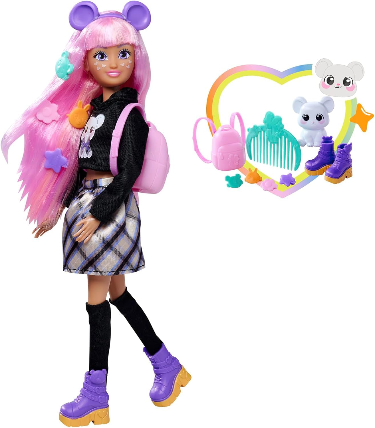 Simba 105953976 - Kawaii Hi Ankleidepuppe Cora (26 cm) - bewegliche Modepuppe zum Frisieren und Stylen, Puppe mit Langen Haaren, Maus und Zubehör, Spielzeug für Kinder ab 4 Jahre