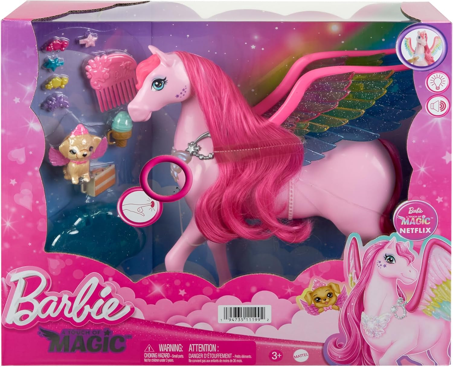 Barbie Pegasus Magic Hide and Seek - Jouet interactif avec lumières et sons, 10 accessoires, ailes arc-en-ciel, à partir de 3 ans, HLC41