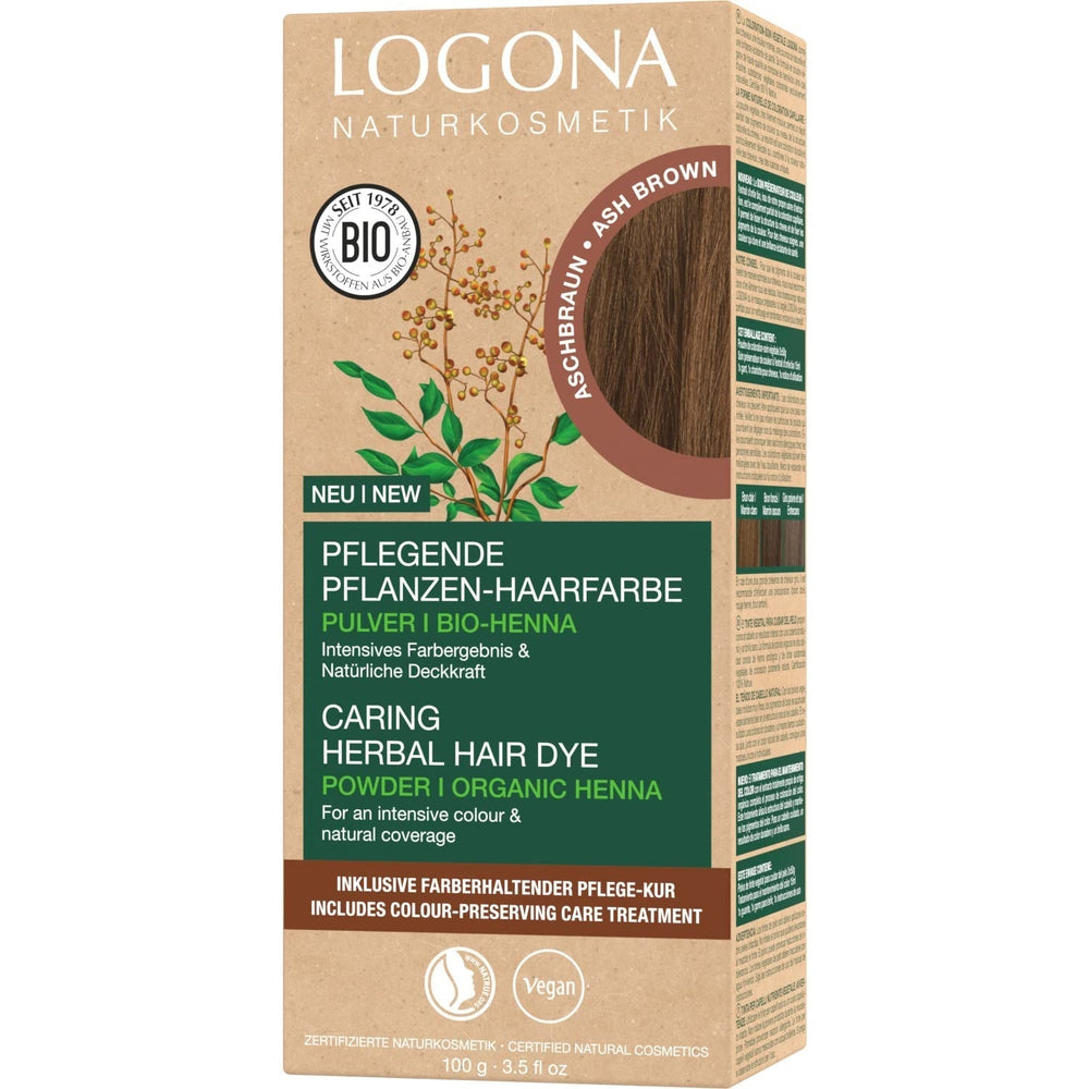 LOGONA Natural Cosmetics Teinture capillaire nourrissante à base de plantes, teinture capillaire végétalienne en poudre de henné biologique pour une couleur et une brillance intenses, teinture capillaire à base de plantes en blond cuivré (blond), 1 x 100 g Naty Shop Coloration capillaire brun cendré 100 g (1 paquet)