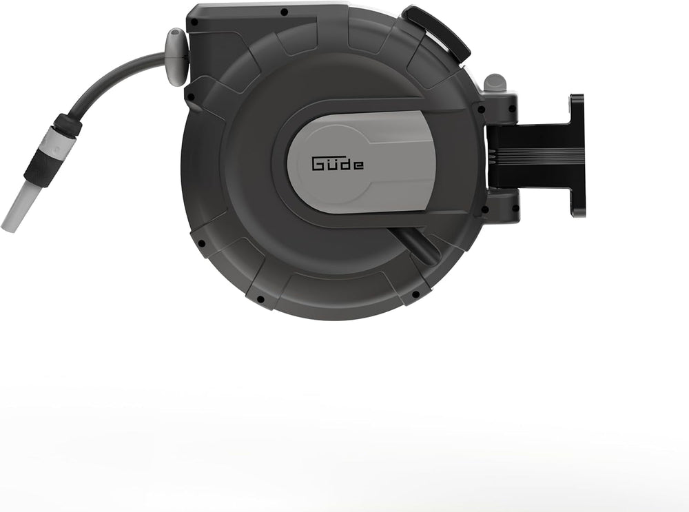 Enrouleur de tuyau automatique Güde 30-2-2 1/2 (rotation à 180°, pour montage mural, tuyau de 30 m, jet d'eau, support mural, retrait automatique, butée de retrait, poignée de transport, 2 raccords rapides)