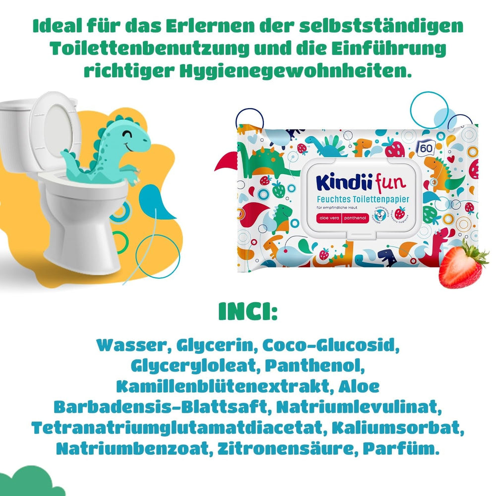 Hârtie igienică umedă Kindii Fun - (10X60 bucăți) Hârtie igienică umedă - Mușețel, Aloe Vera, Ph-Neutru, Vărsabilă, Reîmprospătează zona intimă - 600 bucăți