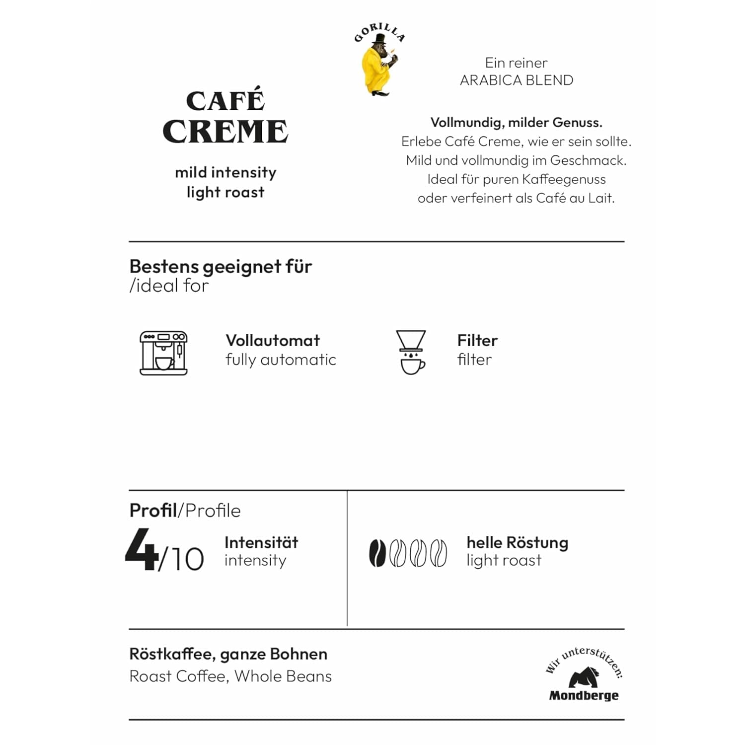 Crème Gorilla Café 6x 1000g | 100% Arabica-Bohnen traditionnel | Ideal Volllautomaten Crema harmonisches Aroma | geriger Koffingehalt helle Röstung | Emballage d'emballage