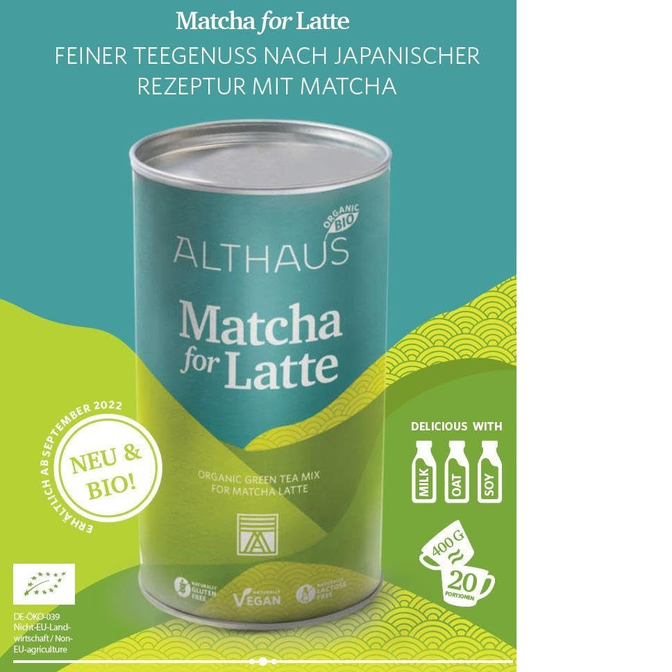 Matcha pour latte Mélange de thé vert au sucre de canne, 400g, végétalien, pour 20 portions