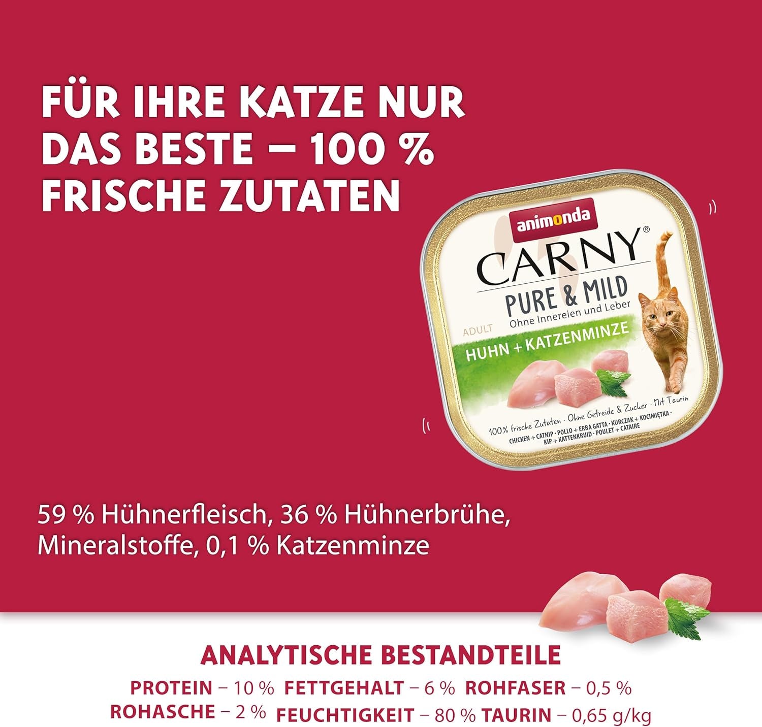 Hrană umedă pentru pisici Adult Pure & Mild cu pui și catnip (32 x 100 g), pentru pisici sensibile, fără cereale și fără zahăr, hrană umedă ușor digerabilă cu pui