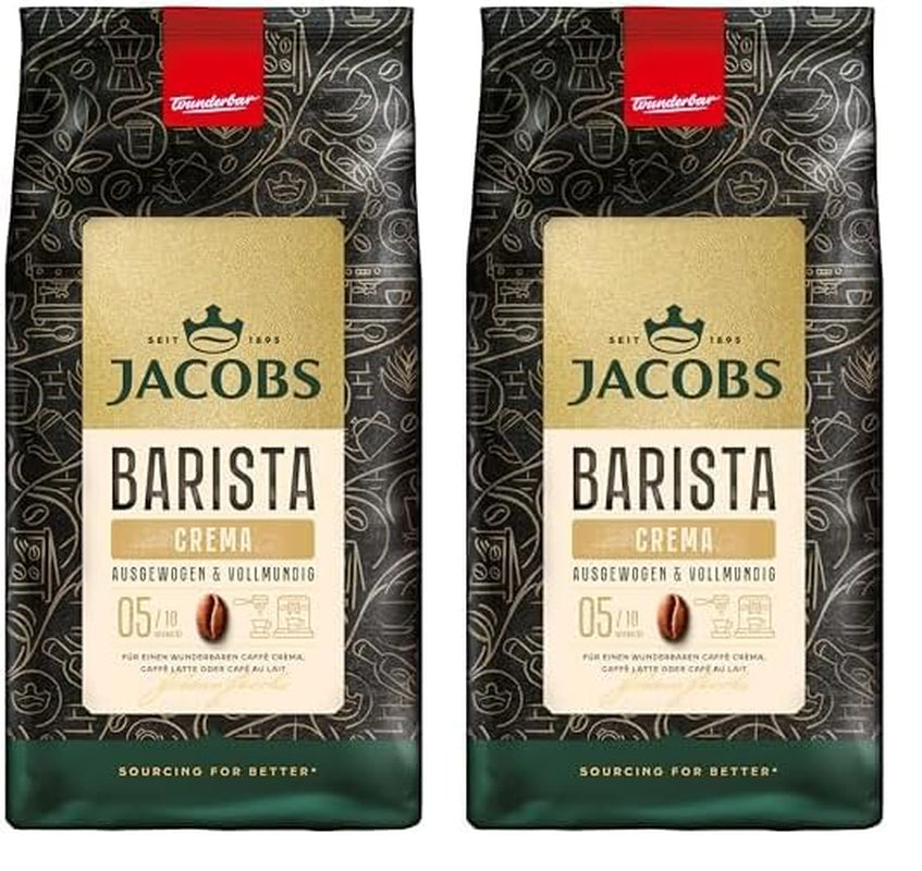 Café en grains Jacobs Barista Crema 1kg – Équilibré, notes d'agrumes, noix, grains Arabica et Robusta, intensité 5/10, idéal pour Caffè Crema (paquet de 2)