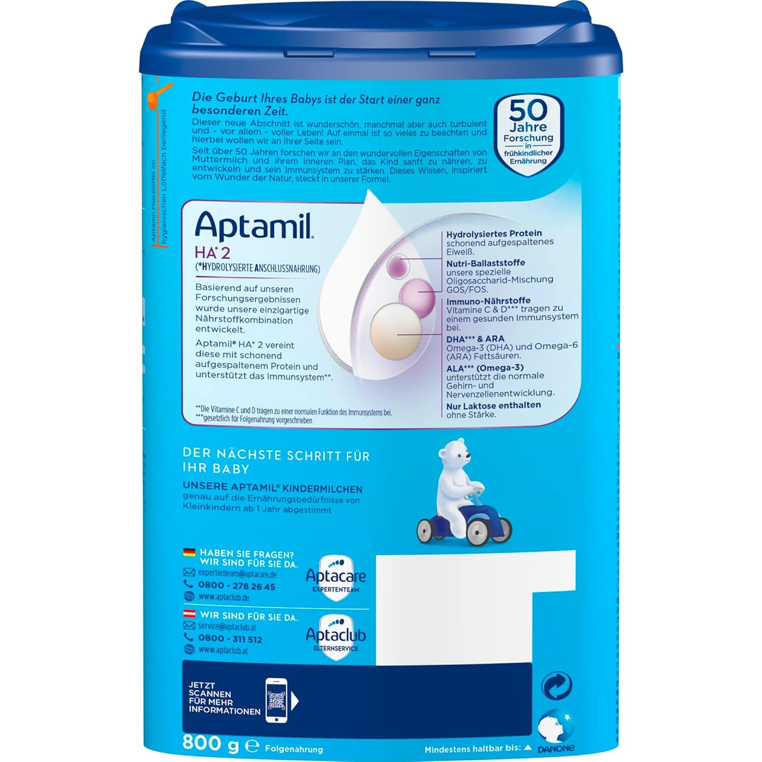 Aptamil HA 2 – Formule de suite après 6 mois, avec Oméga 3 et 6, DHA, ARA et ALA, Sans lactose, Sans huile de palme, Aliment pour bébé, Lait en poudre, 1 x 800 g (Pack de 4)