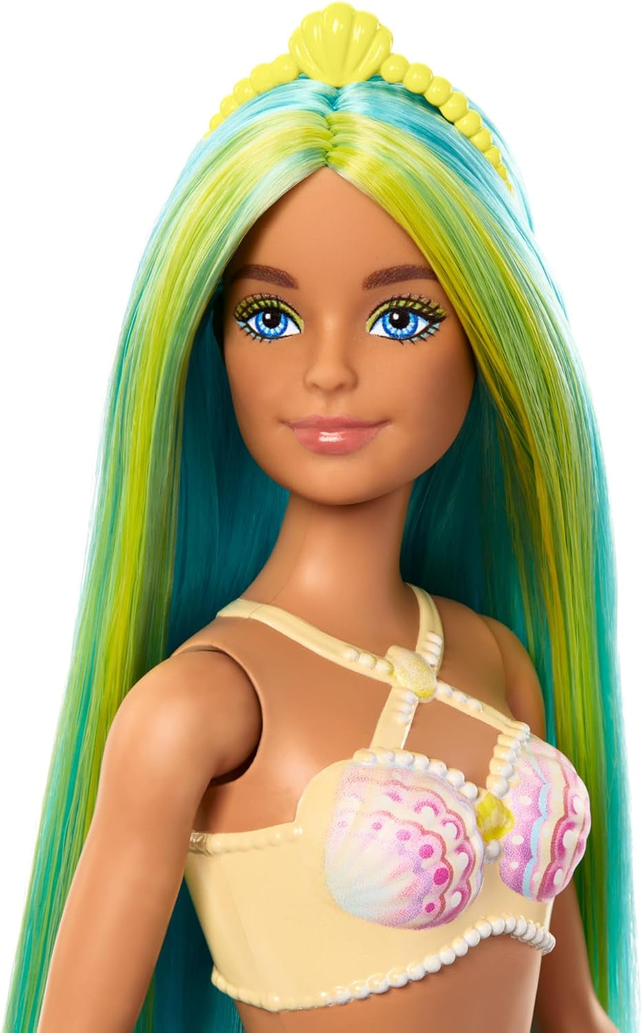 Barbie Meerjungfrau-Puppe mit fantasievollem zweifarbigem Haar in Blau und Gelb, Haarband, Puppe mit Muscheloberteil und türkisfarbener Schwanzflosse, HRR03