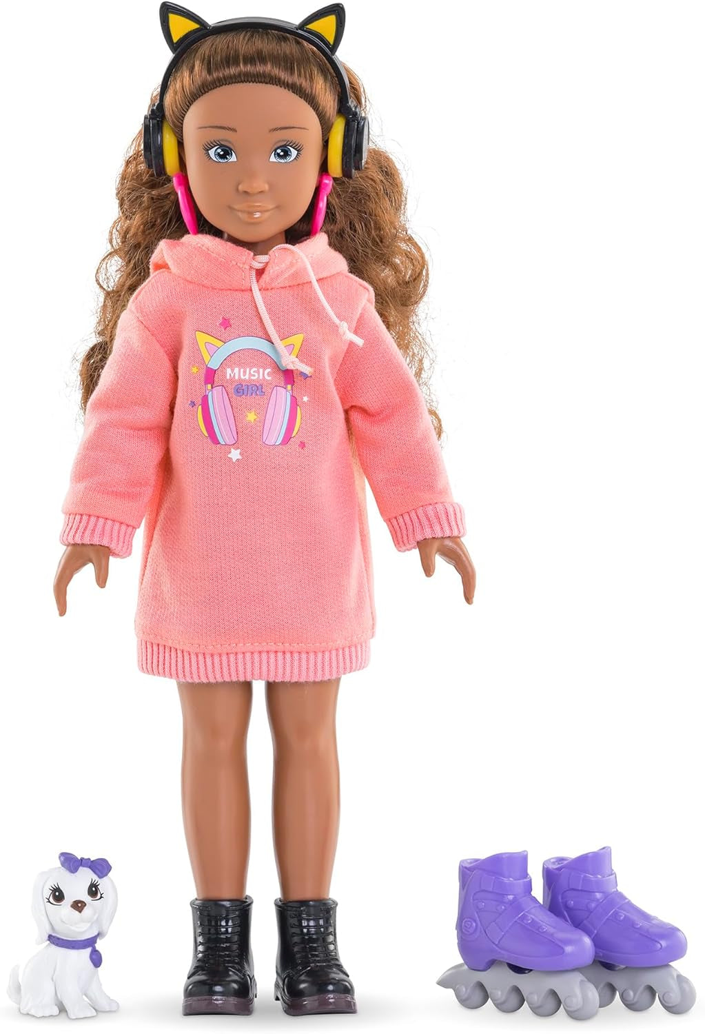 Corolle Girls Melody Music und Fashion Set, Ankleidepuppe im coolen Hoodiekleid mit Hund, trendy Kopfhörer, Ohrringe und extra Inlineskates, Vanilleduft, 28cm, ab 4 Jahren
