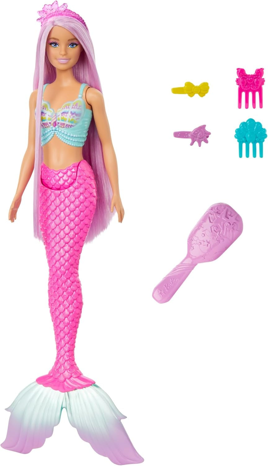 Păpușa Barbie Mermaid - cu păr lung roz și accesorii pentru styling personalizat, inclusiv perie, cochilie frumoasă și aripioare roz, pentru copii de la 3 ani, HRR00 Papusi Naty Shop Titlu implicit
