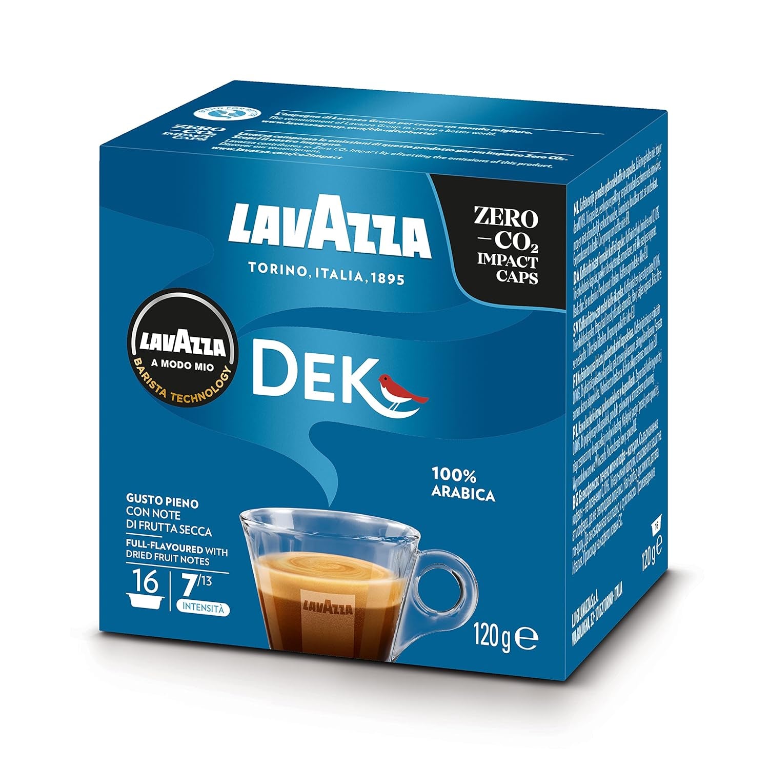 Lavazza A Modo Mio Dek Cremoso, 256 capsules de café, pour expresso décaféiné aux notes aromatiques d'amandes et de canditis, 100% Arabica, intensité 7/13, torréfaction moyenne, 16 paquets
