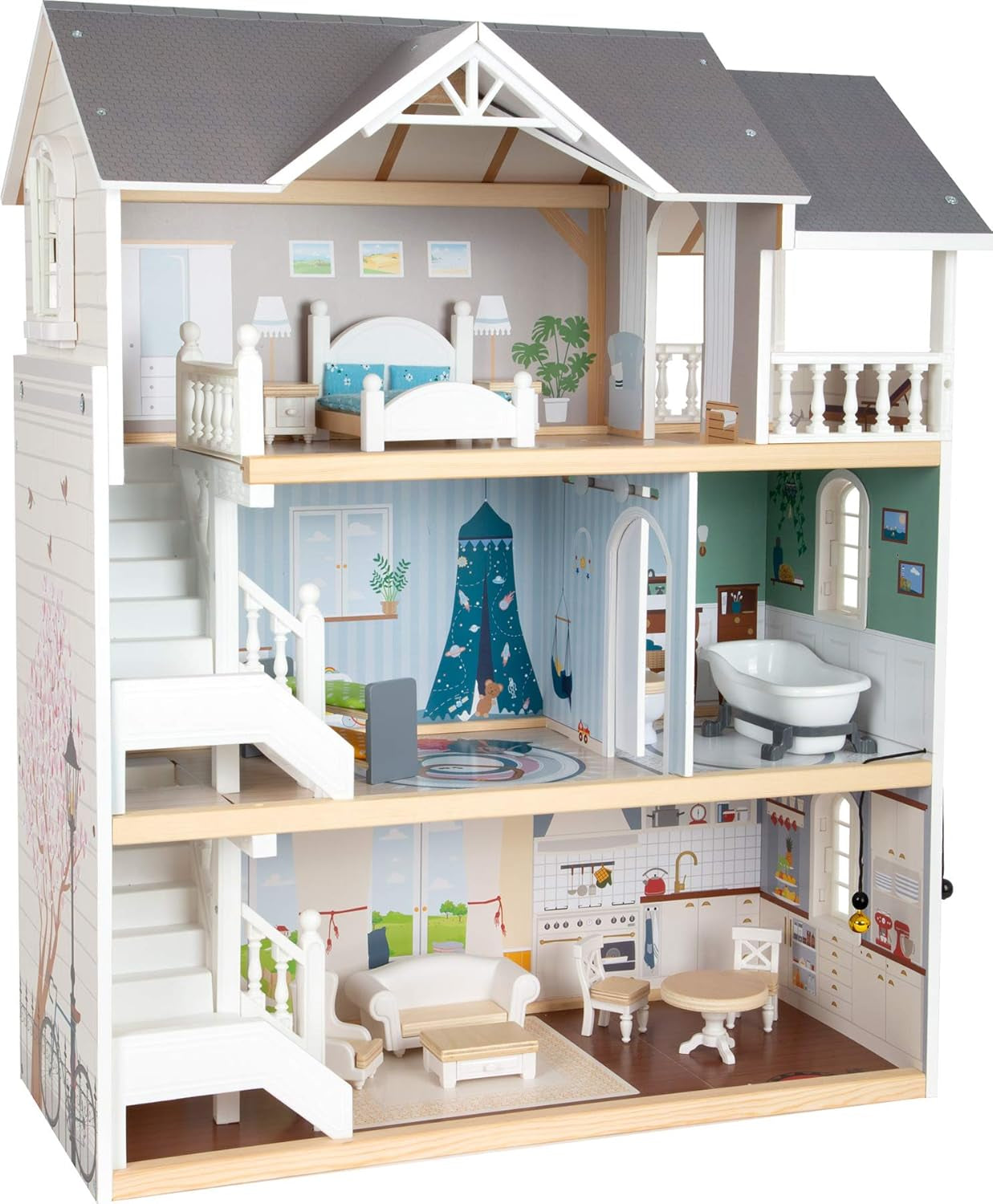 Small Foot Maison de poupée en bois à 3 étages avec façade ouverte et 12 meubles pour 3 ans et plus 11802 Blanc Gris