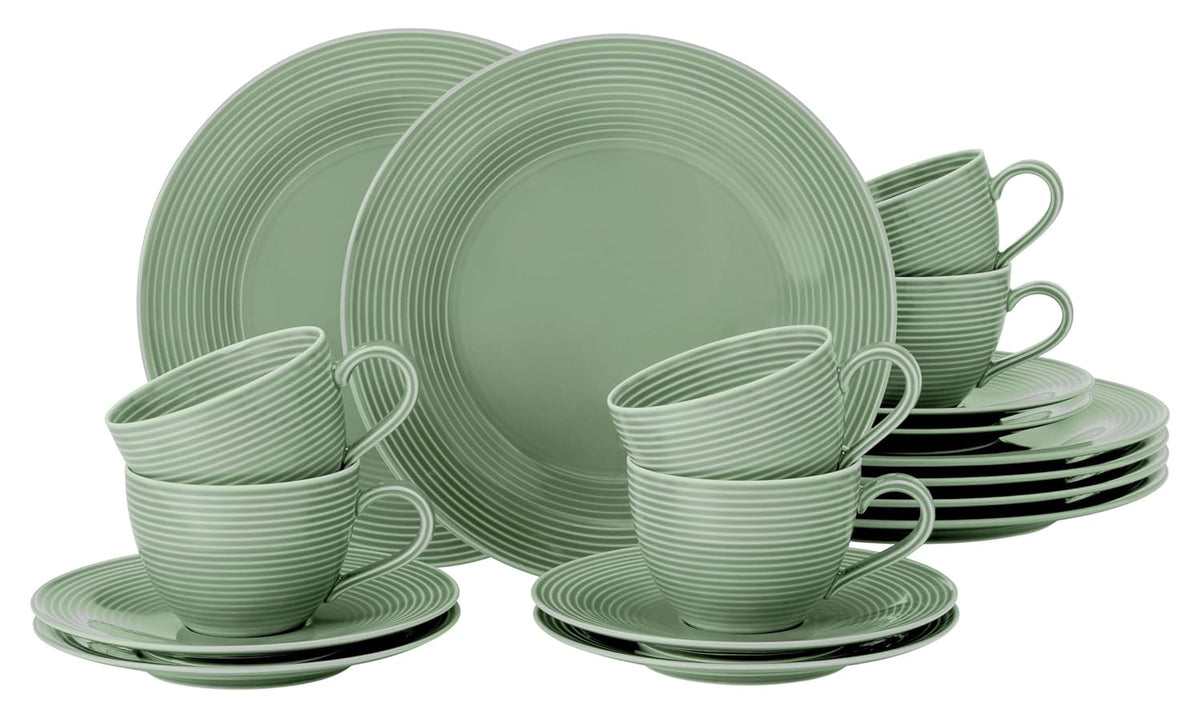 Service à café SELTMANN WEIDEN avec 18 pièces BTR - Beat - Forme : Ronde avec relief cannelé - style moderne - vert sauge - Color Glaze