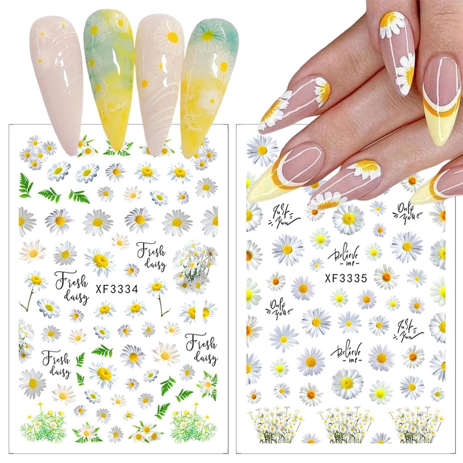 Autocollants pour ongles effet 3D, 12 feuilles, durcissement UV, fleur longue durée, autocollants pour ongles, marguerite jaune et blanche, pour Nail Art