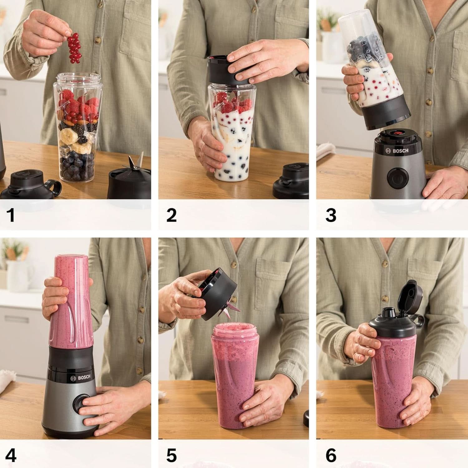 Bosch Mini-batteur sur socle Vitapower Serie 2 MMB2111S, Mélangeur à grande vitesse, Jusqu'à 40 000 tr/min, Tritan Togo-Flasche 0,6 L, Trinkdeckel, Bruchsicher, Spülmasch.Geeignete Teile, 450W, Silber/Schwarz Kitchen Naty Shop